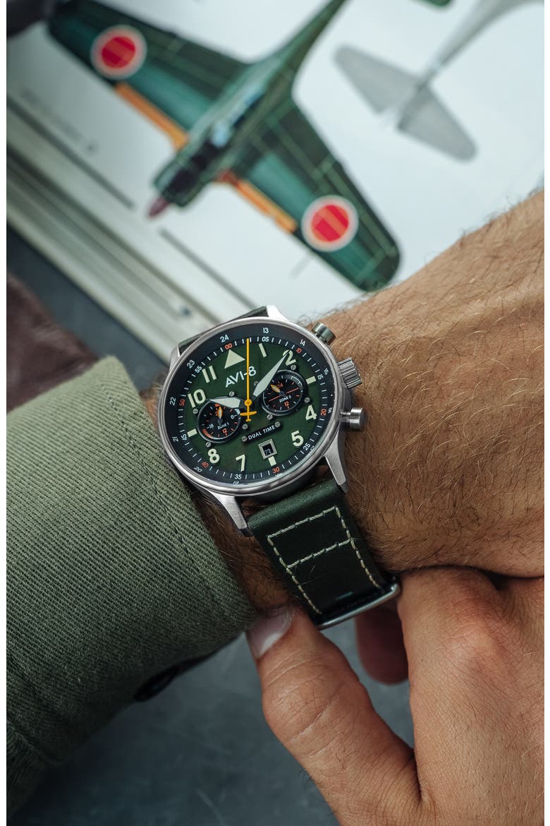 Hawker Hurricane Carey Chronograph Leather Strap Watch, 44mm, Alternate, color, GREEN