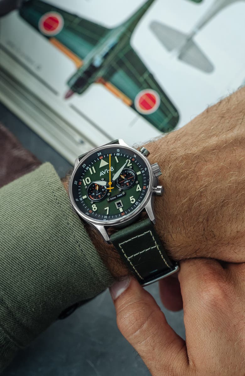 AVI-8 Hawker Hurricane Carey Chronograph Leather Strap Watch, 44mm, Alternate, color, Green