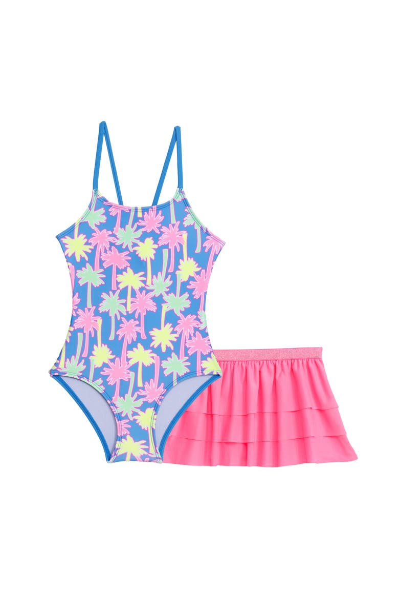 Aqua Green Toddlers X-Back One Piece Swimsuit with Ruffle Coverup Skirt 2-Piece Set, Main, color, I Dream Of Palm Trees