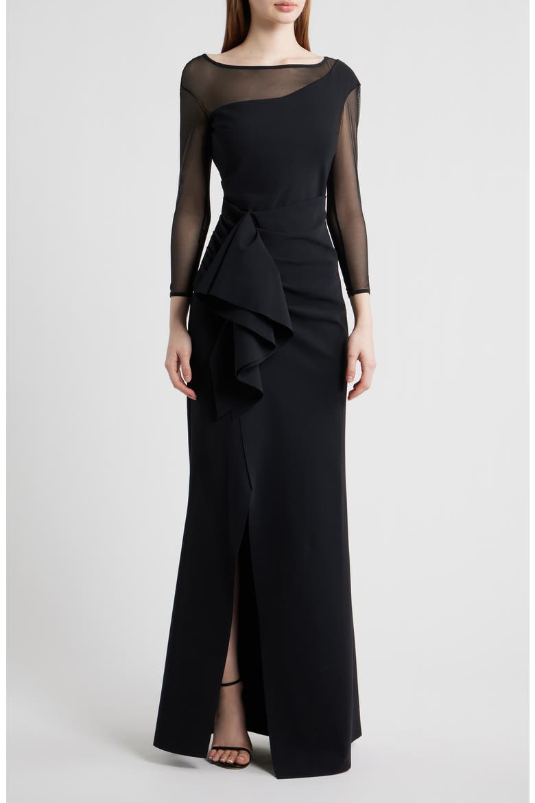 Aroma Illusion Ruffle Mermaid Gown, Main, color, 37 BLACK