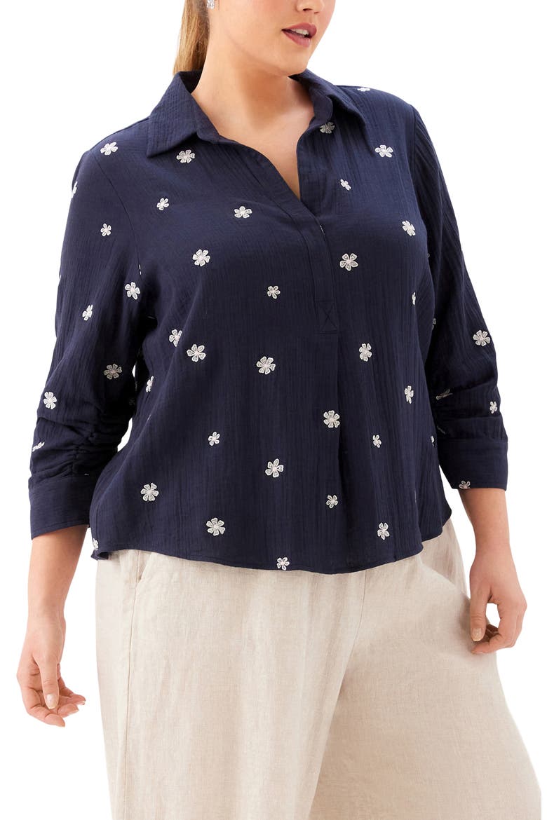 Embroidered Ruched Sleeve Shirt, Alternate, color, NAVY
