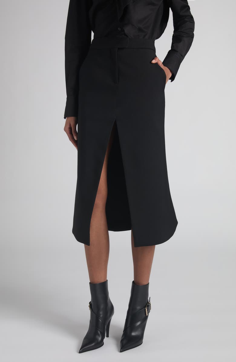 McQueen Kick Back Wool Stretch Gabardine Midi Skirt, Main, color, Black