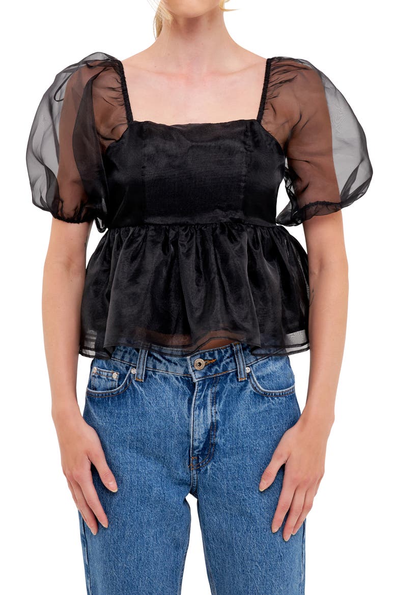 Organza Peplum Top, Alternate, color, BLACK