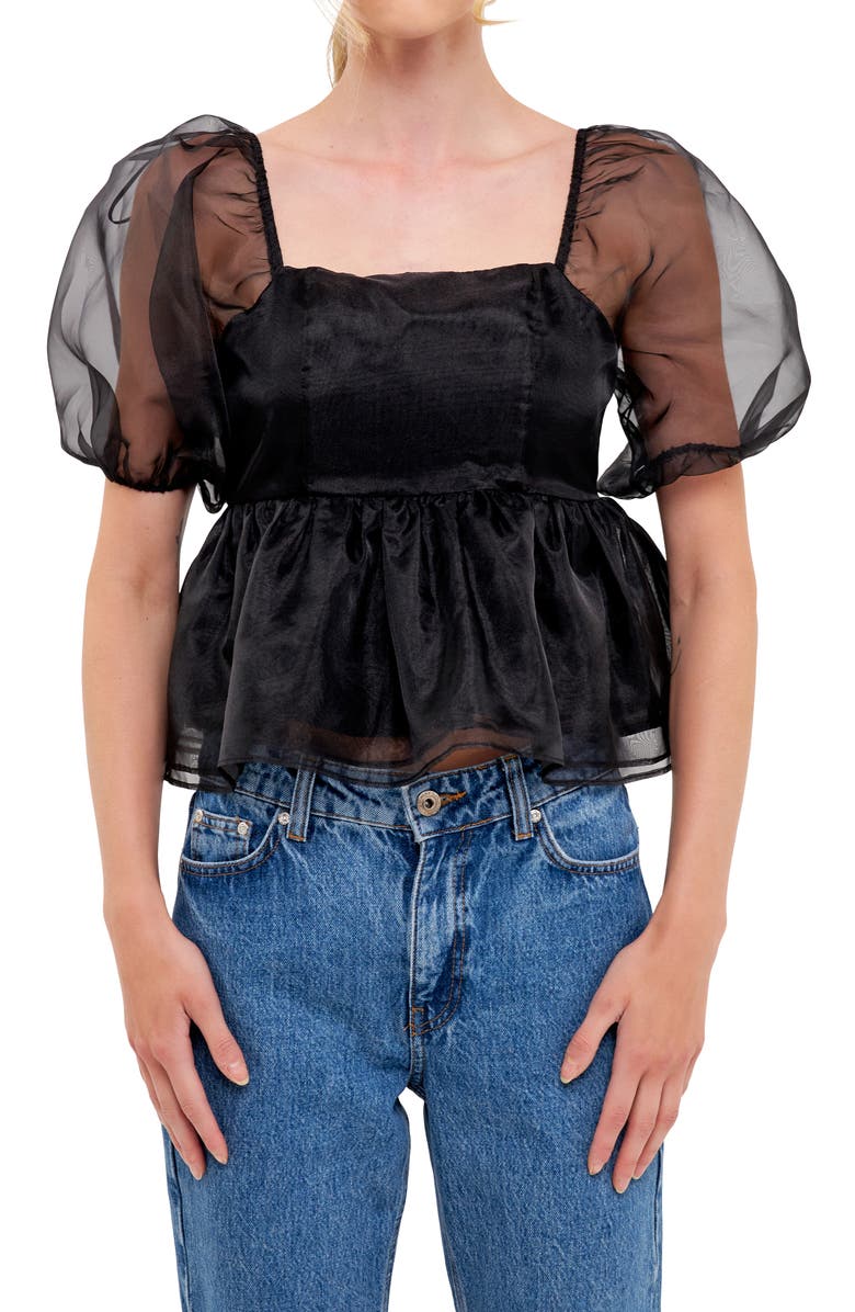 English Factory Organza Peplum Top, Alternate, color, Black
