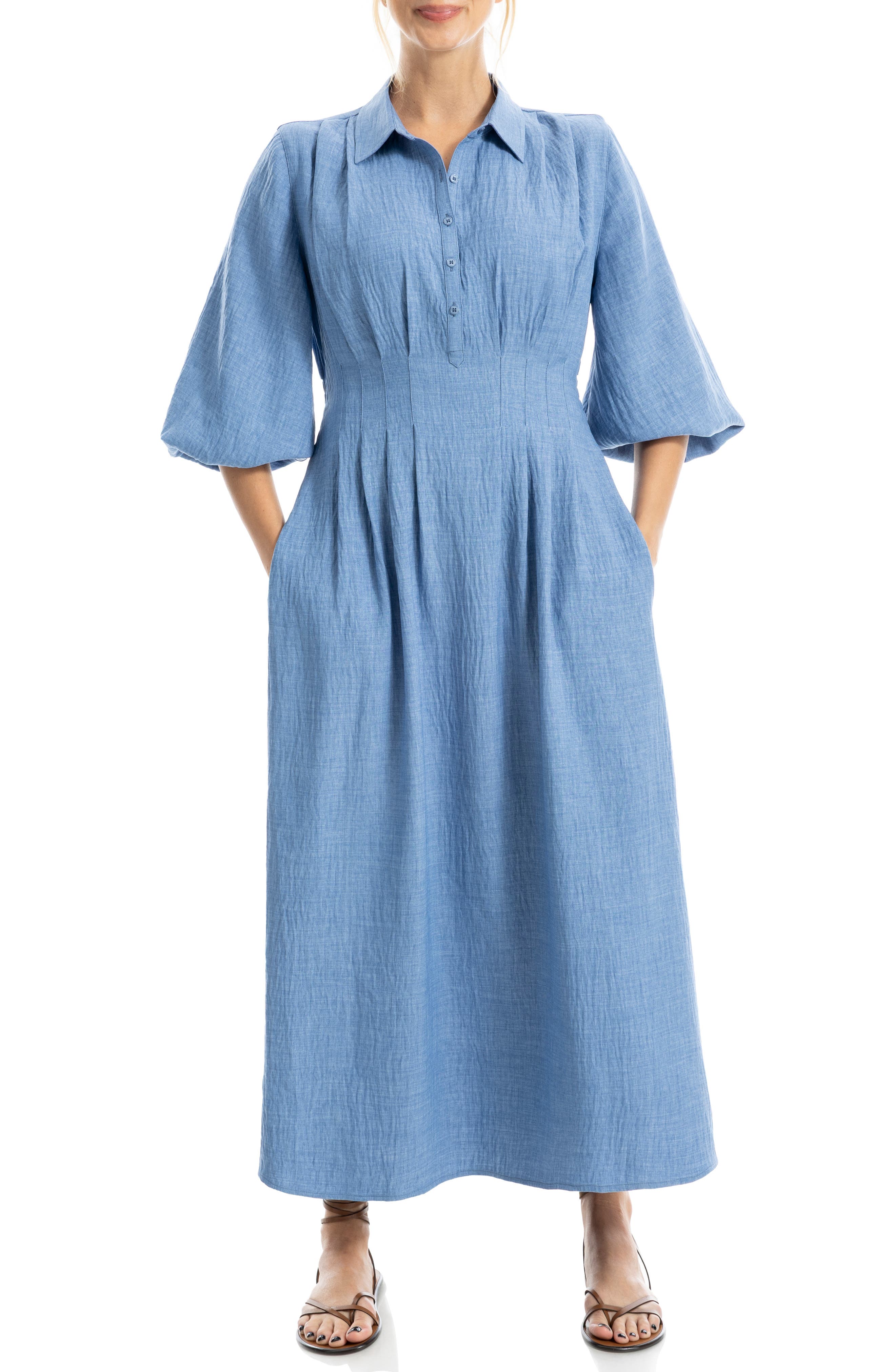 MAX STUDIO Balloon Sleeve Pleated Maxi Shirtdress