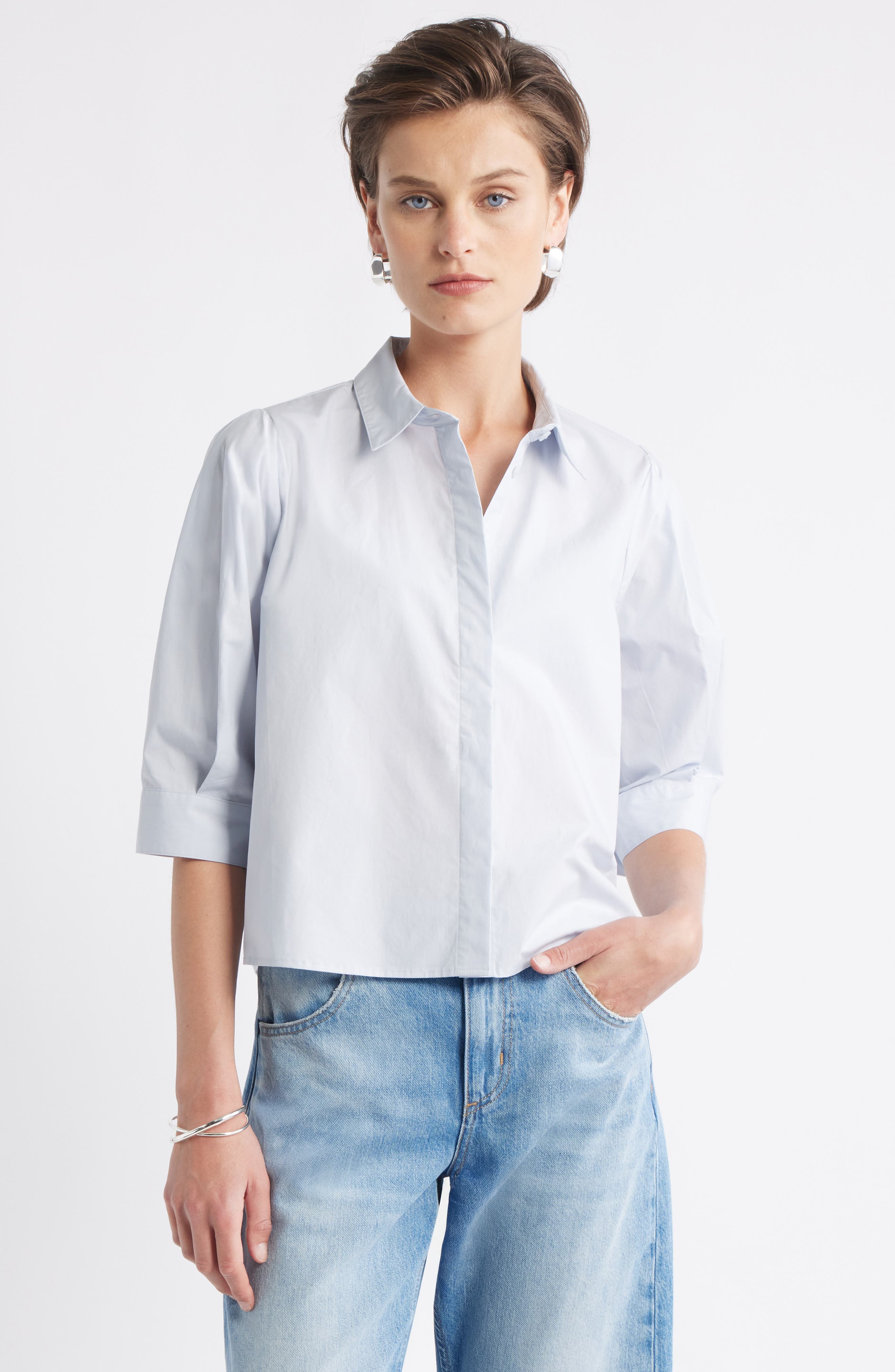 Nordstrom Crop Puff Sleeve Cotton Button-Up Shirt