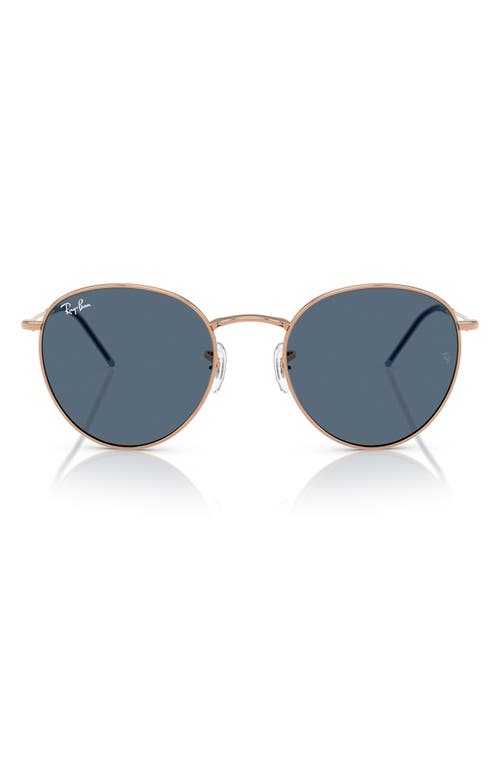 Ray Ban Round Reverse Sunglasses Rose Gold Frame Blue Lenses 55-21 In Dark Blue