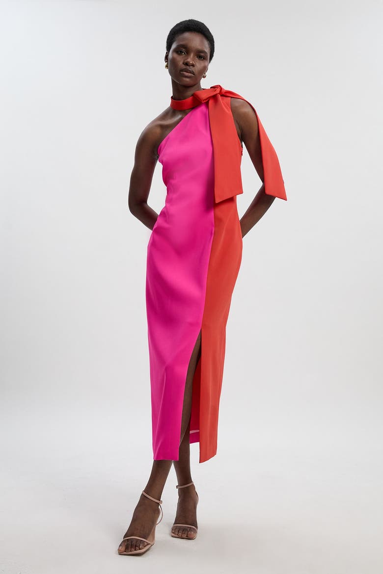 Soft Tailored Bow Tie-Neck Midi Dress, Main, color, Pink