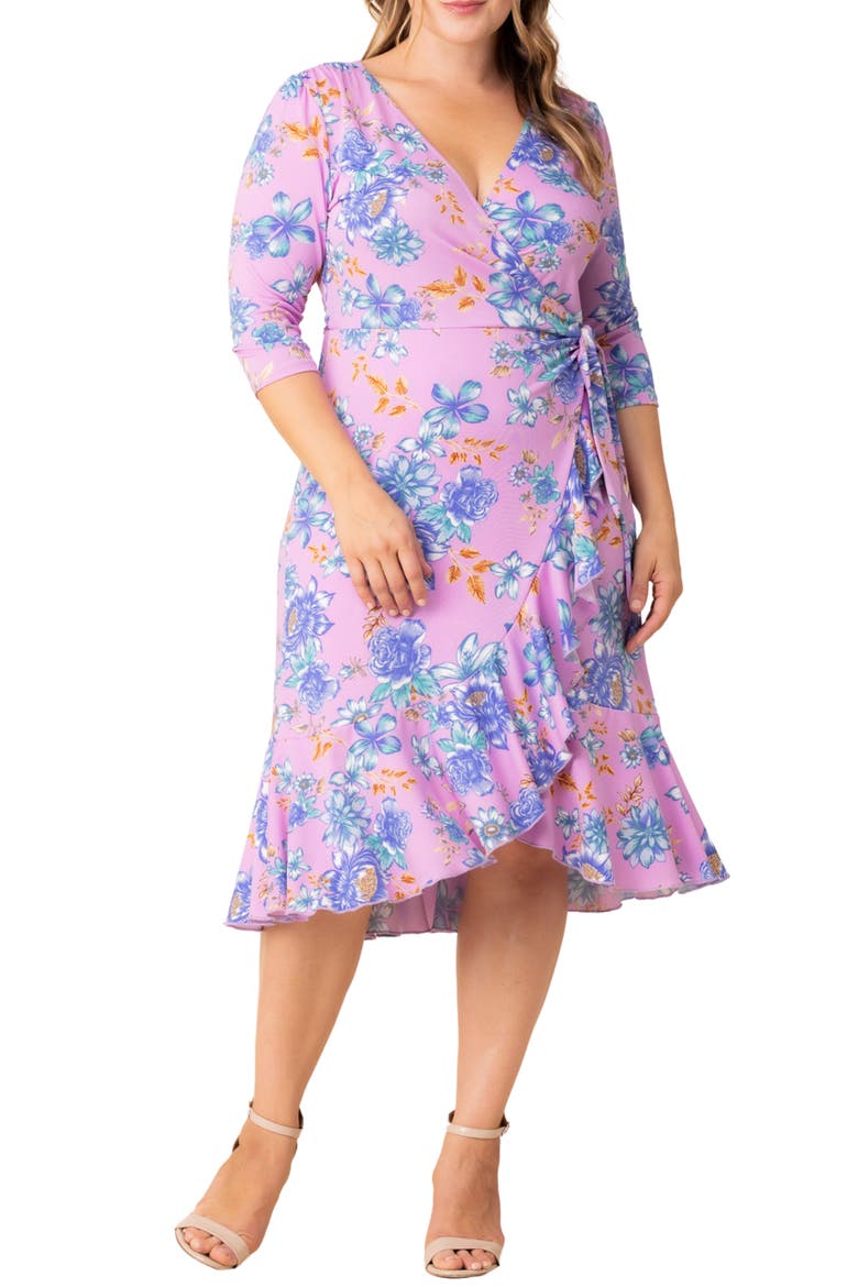 Flirty Flounce Wrap Dress, Main, color, LILAC TROPICAL FLORALS