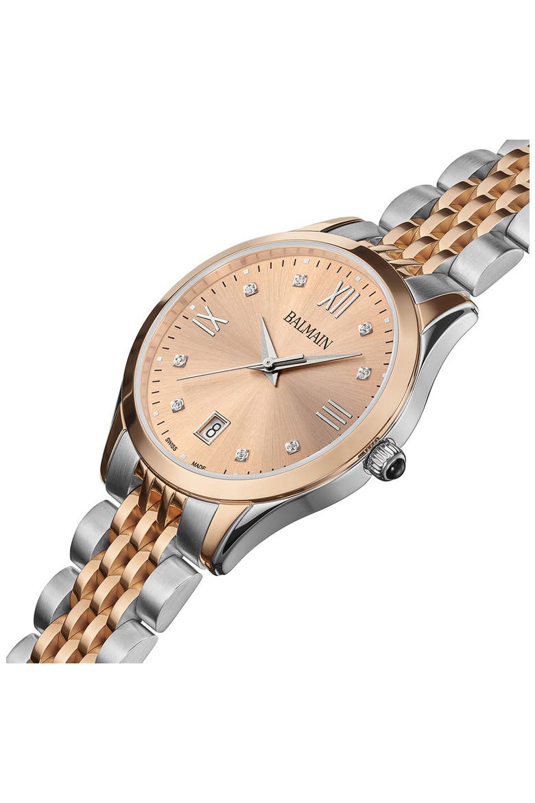 Classic R Diamond Bracelet Watch, 34mm, Alternate, color, SILVER/ ROSE GOLD