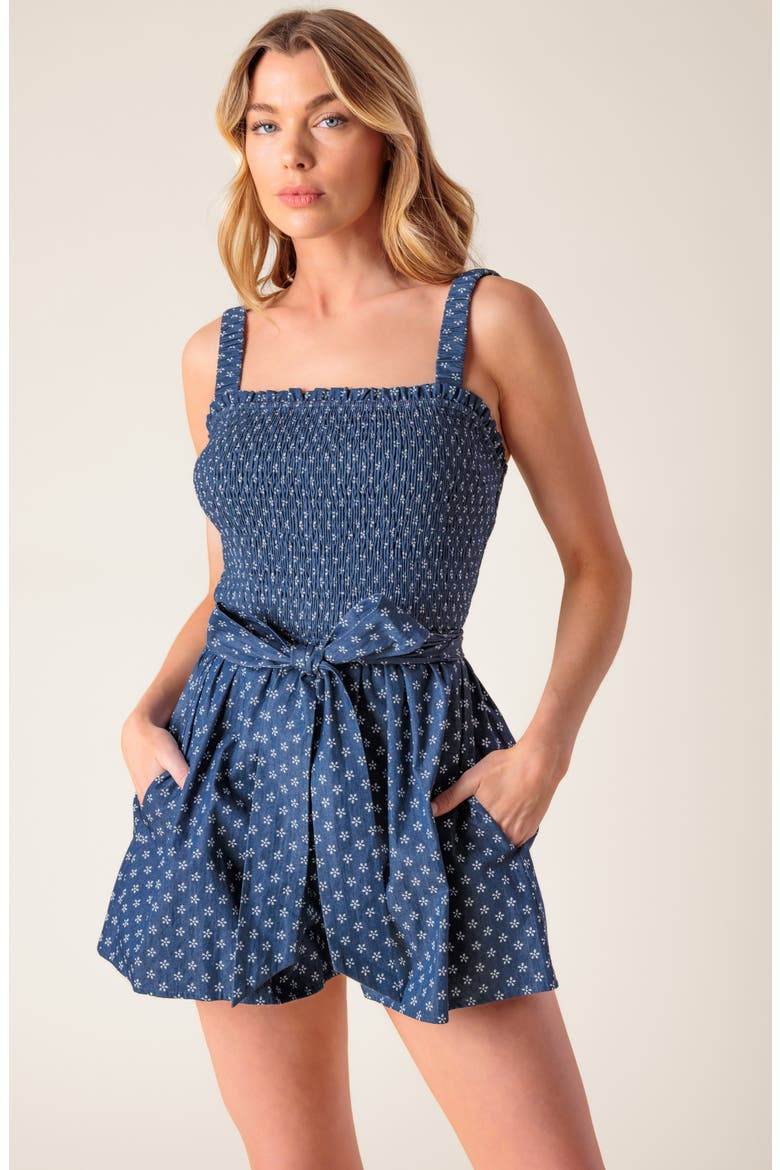 Smocked Tie Waist Romper, Alternate, color, DENIM