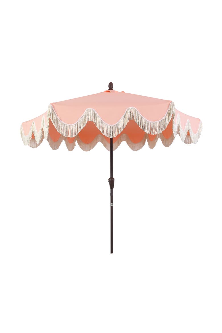 Collins Bohemian Fringe Outdoor Patio Umbrella with Crank Lift and Tilt, Scalloped UV-Resistant Canopy, Aluminum Pole, Alternate, color, Coral Pink/Cream