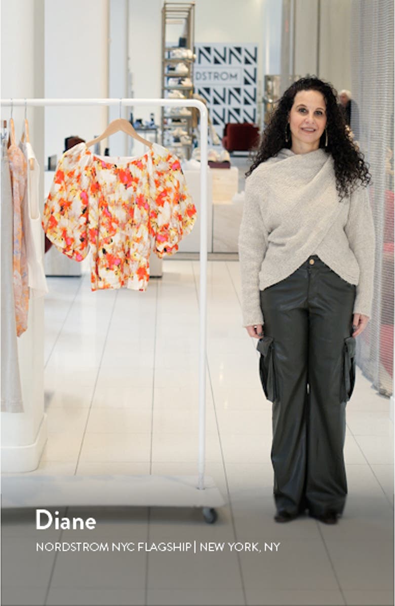 Abstract Print Puff Sleeve Linen Blend Top, sales video thumbnail