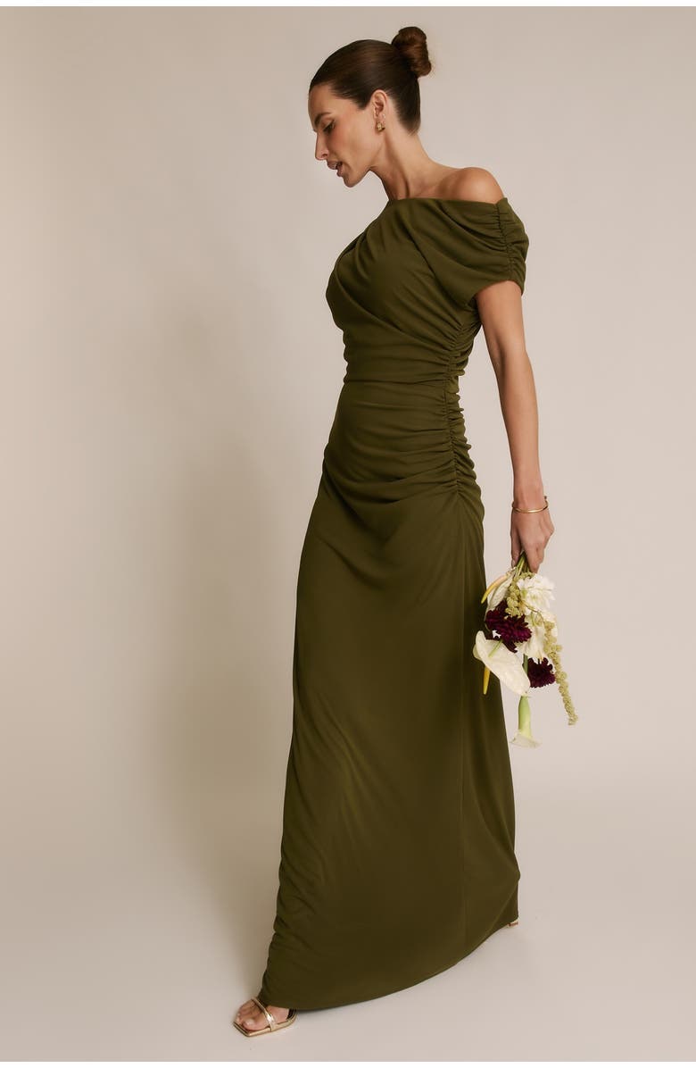 Six Stories Slash Neck Draped Bridesmaid Dress, Alternate, color, Fern