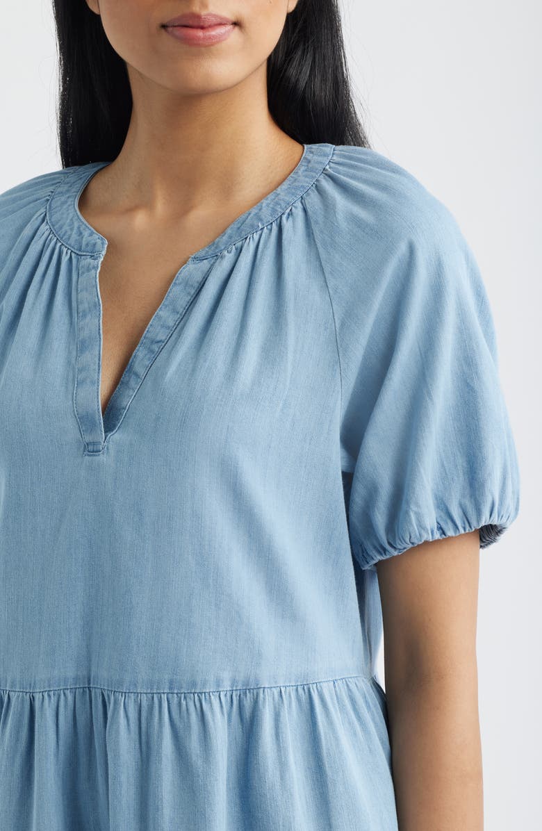 beachlunchlounge Kendra Tiered Cotton Dress, Alternate, color, Light Wash