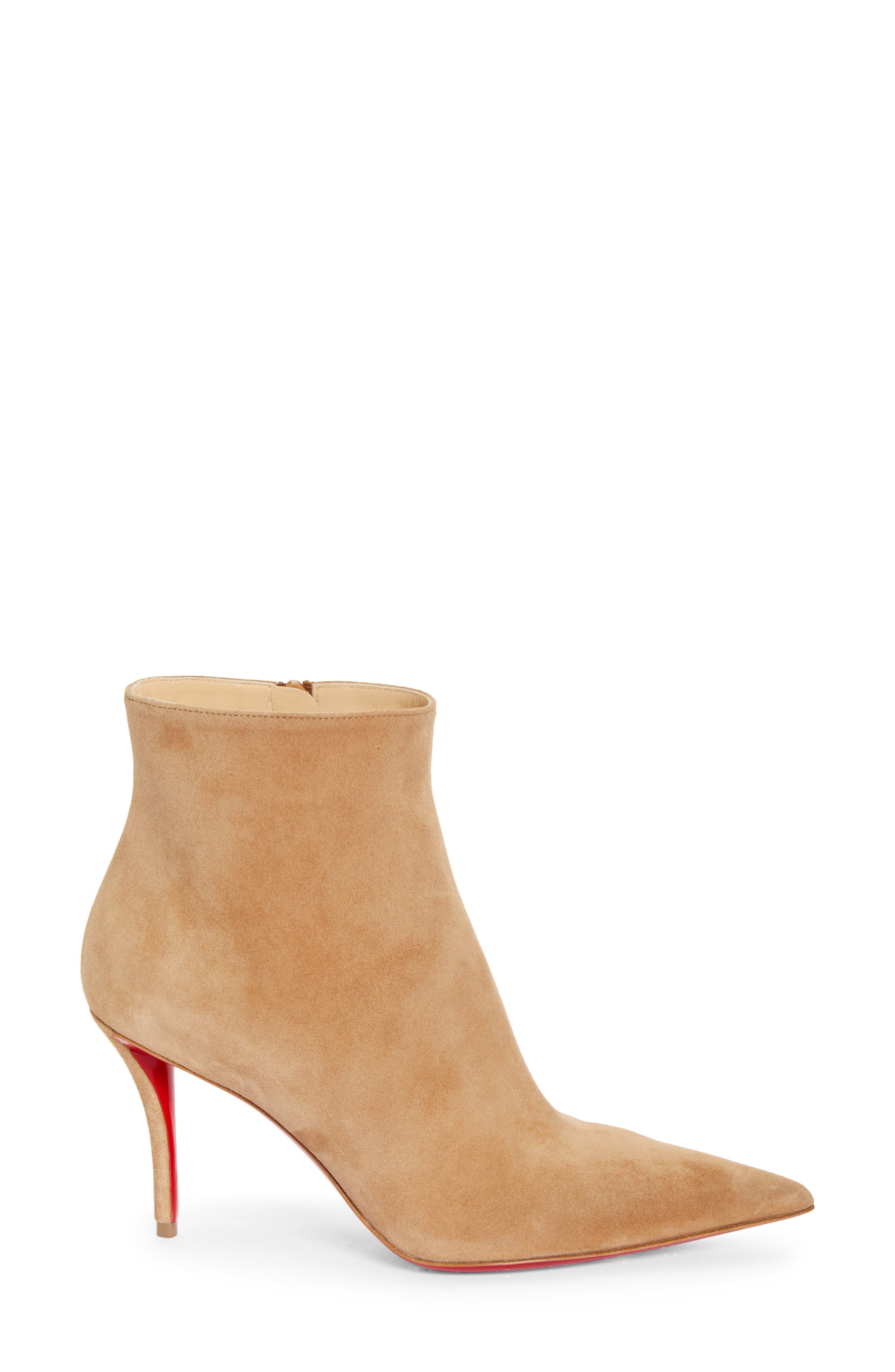 Christian Louboutin Apostropha Pointed Toe Suede Bootie, Alternate, color, Lionne