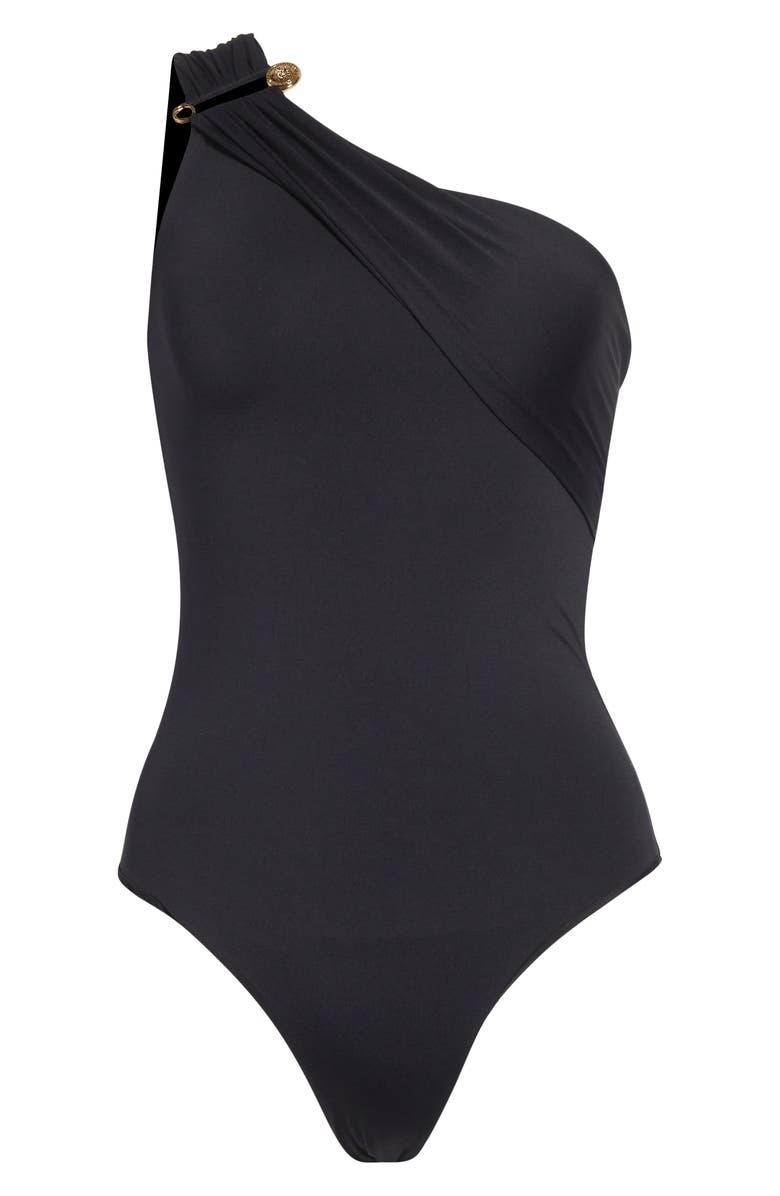 Versace Safety Pin Gathered One-Piece Swimsuit, Alternate, color, Black