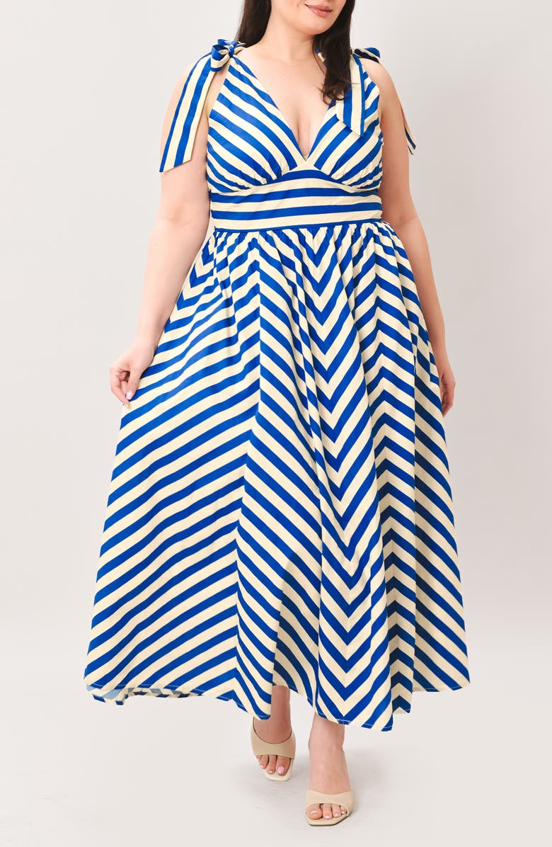 FLYING TOMATO Stripe Tie Strap Cotton Maxi Dress, Alternate, color, Ivory Blue
