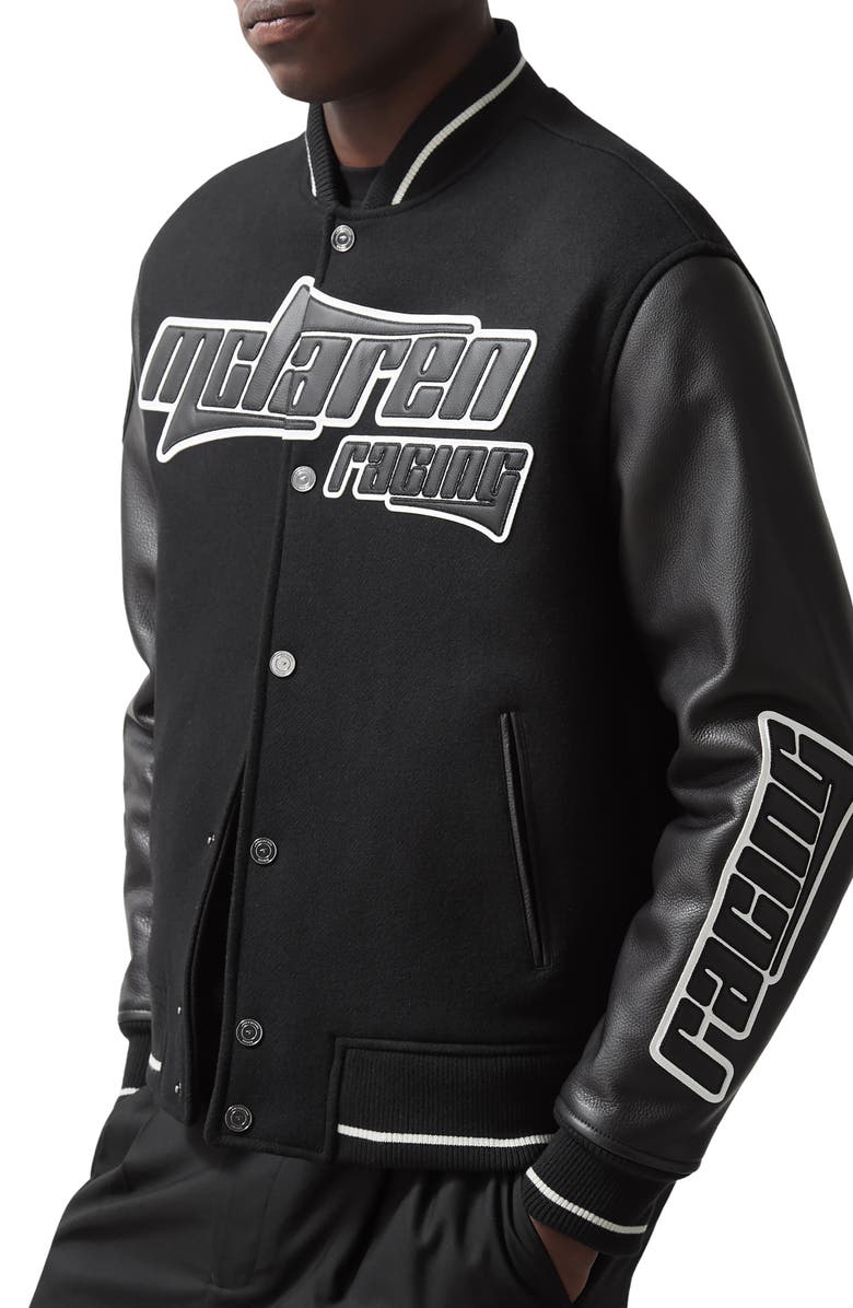 Reiss x McLaren Circuit Leather Trim Wool Blend Bomber Jacket, Alternate, color, Black