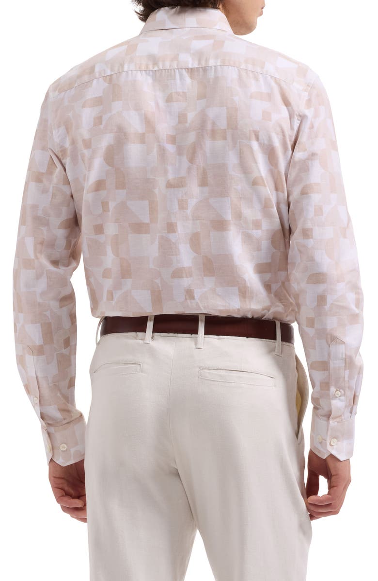 Bugatchi Julian Shaped Fit Abstract Geometric Print Cotton & Linen Button-Up Shirt, Alternate, color, Desert