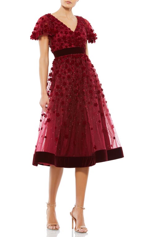 Mac Duggal Embellished Butterfly Sleeve Velvet Hem Midi Dress In Burgundy