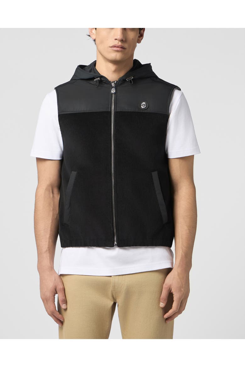Velvet Nylon Short Vest Men, Main, color, black