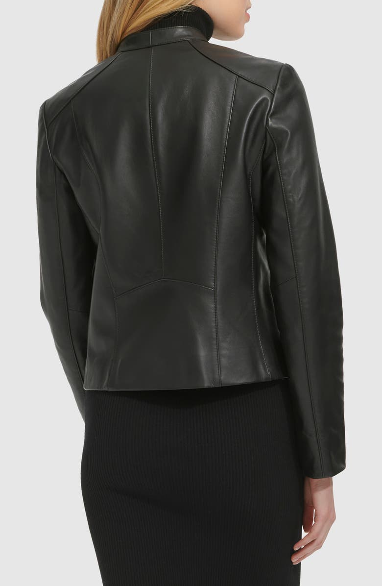 Cole Haan Band Collar Leather Moto Jacket, Alternate, color, Black