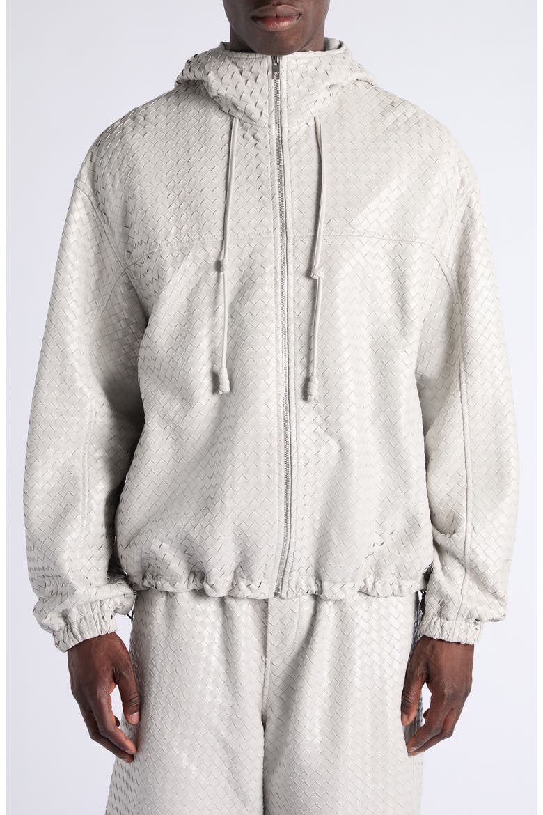 Small Intrecciato Shiny Leather Hooded Zip Jacket, Alternate, color, 1427 PEARL GREY