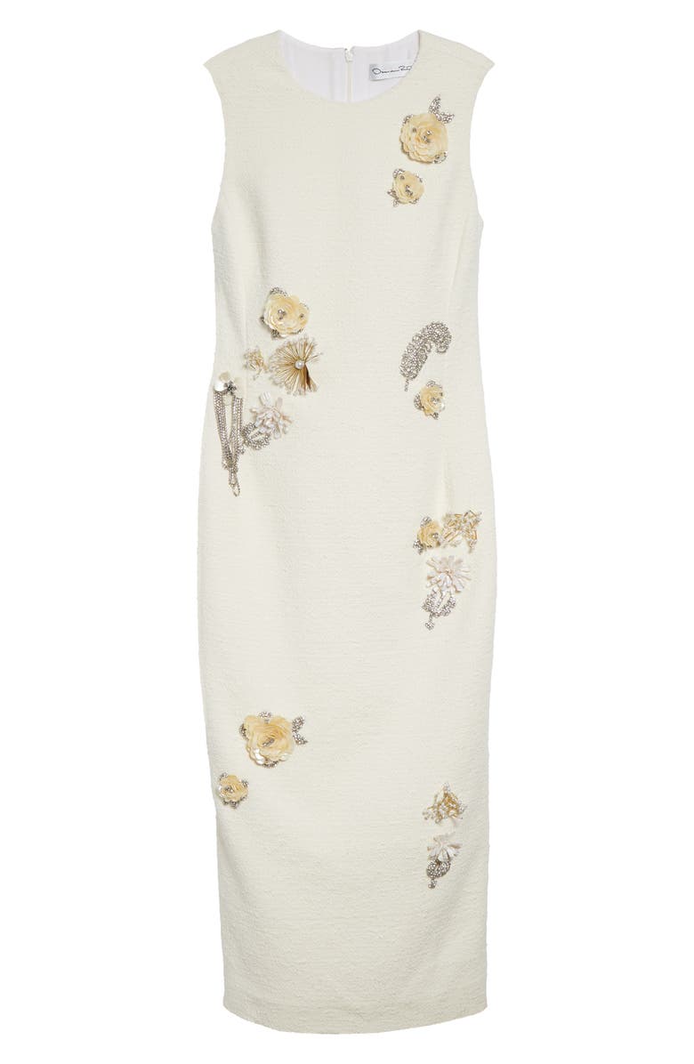 Oscar de la Renta Brooch Embroidered Sleeveless Tweed Cocktail Dress, Alternate, color, Ivory