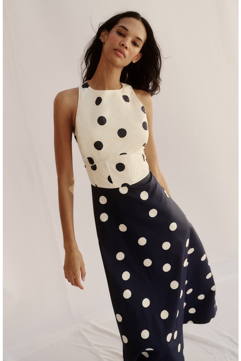 Silvia Boned Bodice Maxi Dress, Alternate, color, FRENCH NAVY PAINTED SPACED DOT