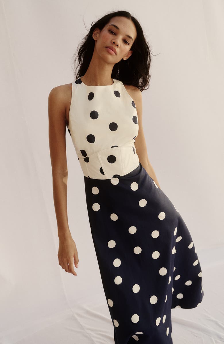 Boden Silvia Boned Bodice Maxi Dress, Alternate, color, French Navy Painted Spaced Dot