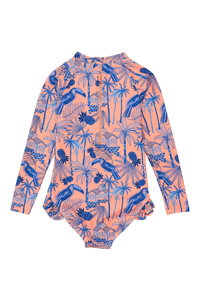 Kids' Tropicana Vacay Long Sleeve One-Piece Rasguard Swimsuit, Alternate, color, ORANGE / BLUE