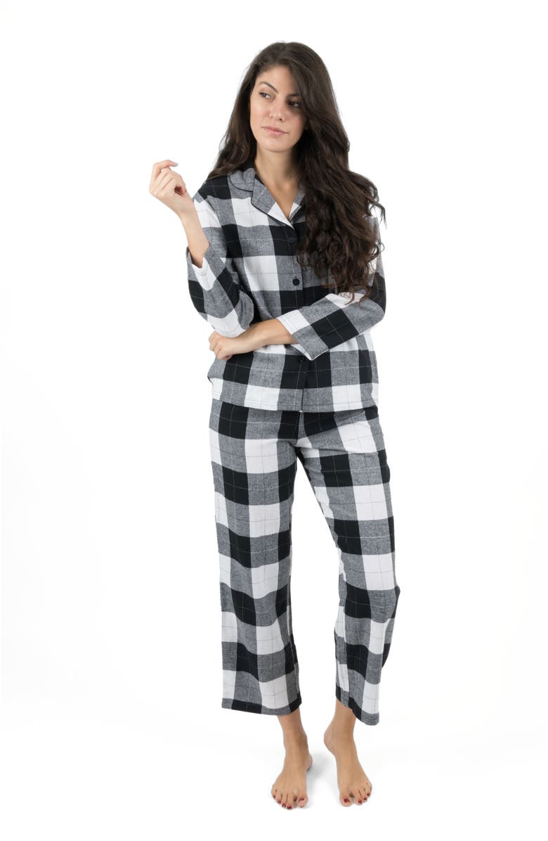 Leveret Women's Cotton Flannel Printed Holiday Pajama Set, Alternate, color, Plaid Black & White