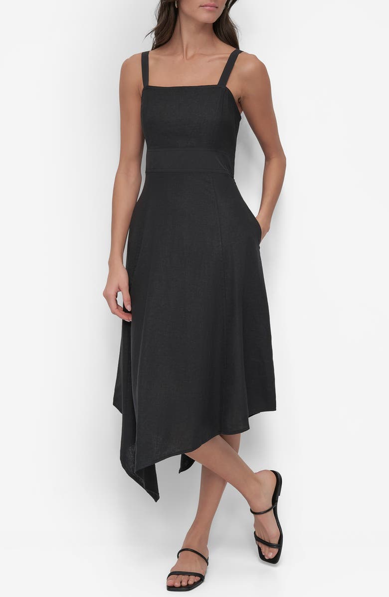 DKNY Paneled Linen Blend Midi Dress, Main, color, Black