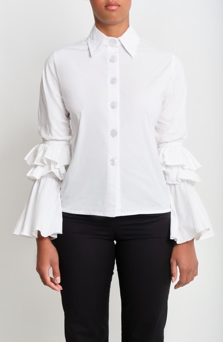 The Lulo Project Brave Ruffle Bell Sleeve Stretch Cotton Button-Up Shirt, Main, color, Crudo
