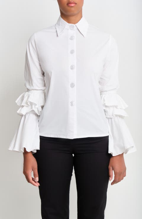 Brave Ruffle Bell Sleeve Stretch Cotton Button-Up Shirt