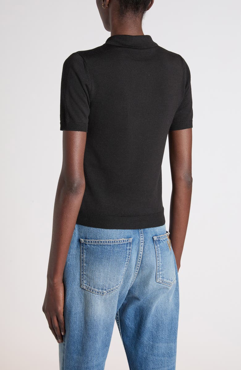 Valentino Garavani Short Sleeve Wool Blend Sweater with Polka Dot Silk Pussybow, Alternate, color, Black