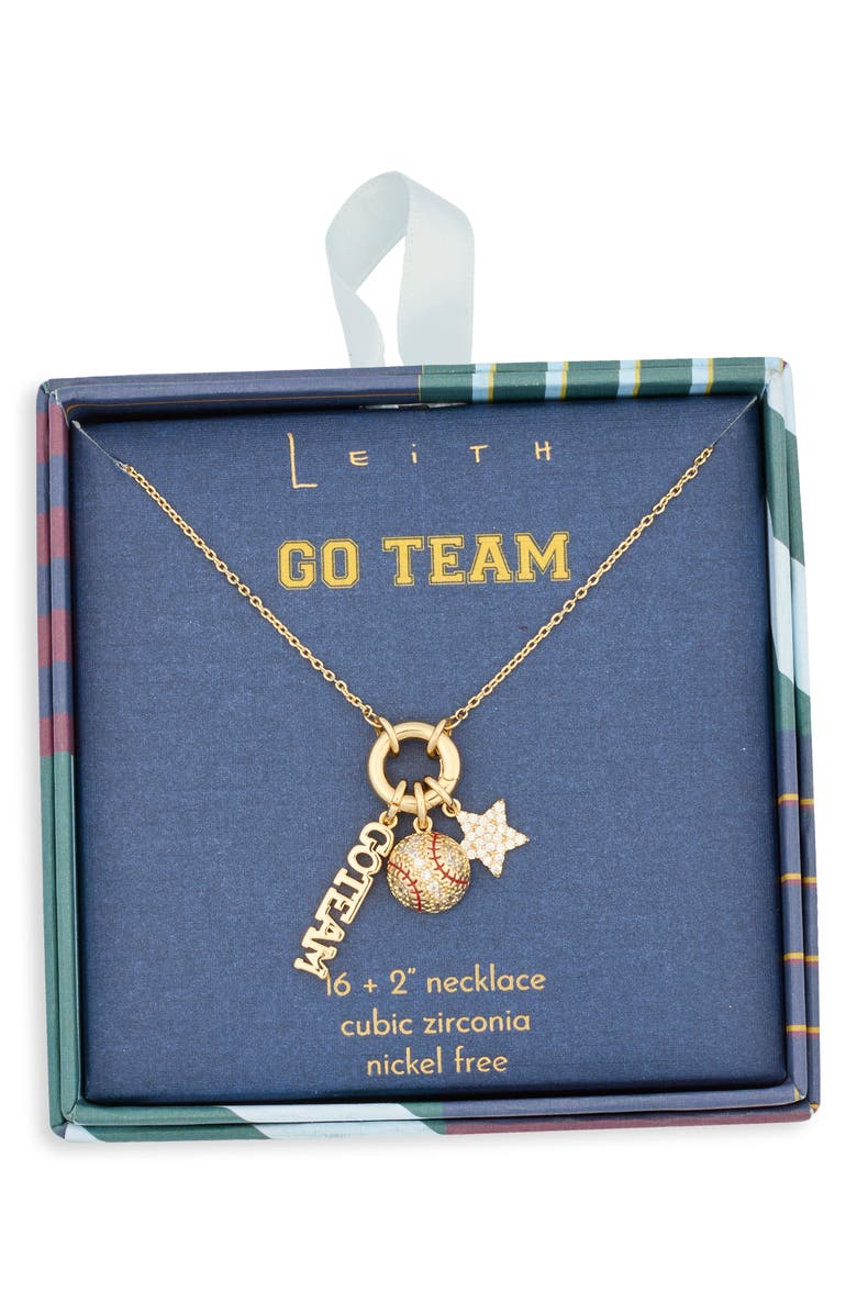 Leith Cubic Zirconia Go Team Baseball Charm Necklace, Main, color, Red- Clear- Gold
