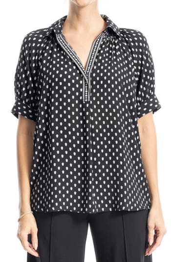 Max Studio Short Sleeve Crepe Blouse In Black/ecru Shadow Dots
