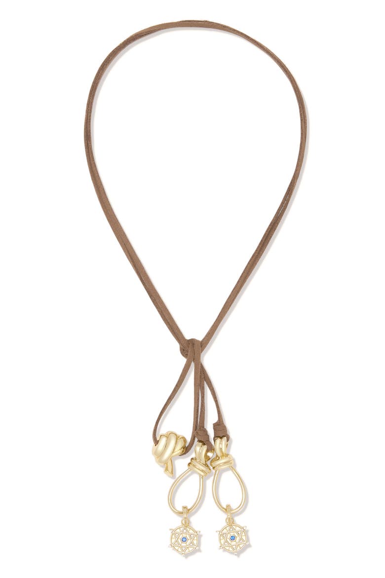 Elle Cubic Zirconia Hide Rope Necklace, Main, color, BROWN/ GOLD