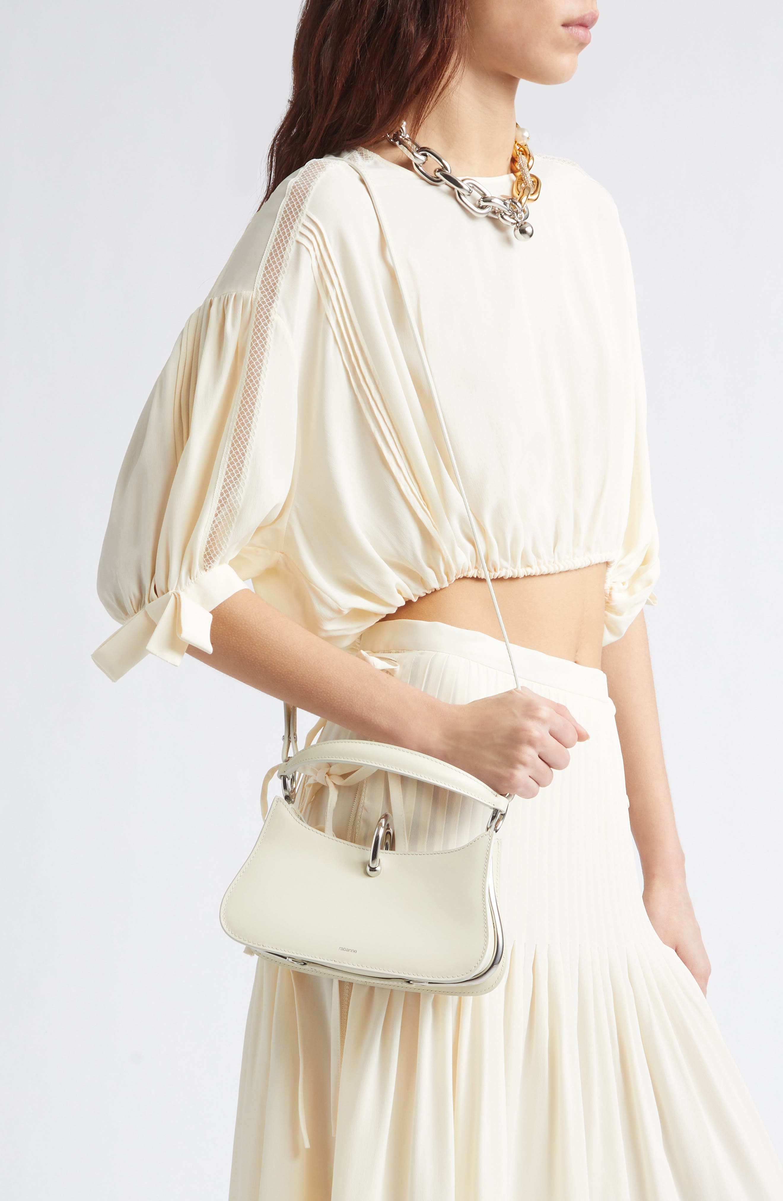 Rabanne Micro Ring Leather Top Handle Bag, Alternate, color, Ivory/ Silver