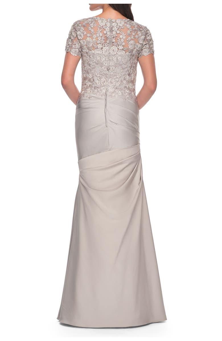 La Femme Satin Evening Dress with Lace and Scoop Neckline, Alternate, color, Silver
