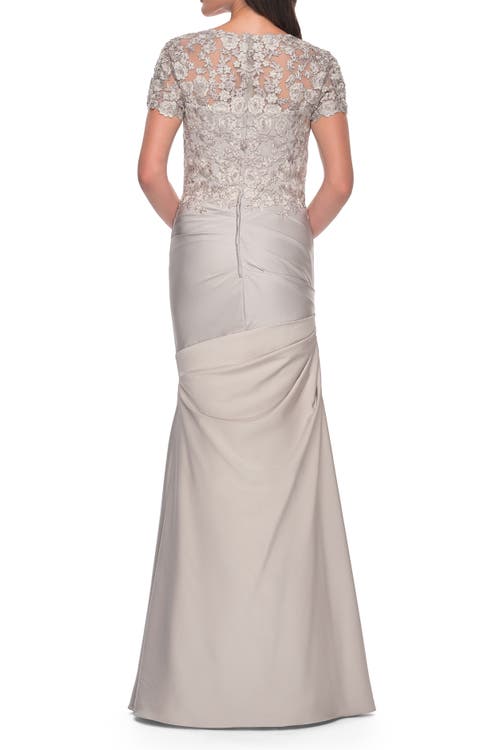 La Femme Satin Evening Dress With Lace And Scoop Neckline In Silver