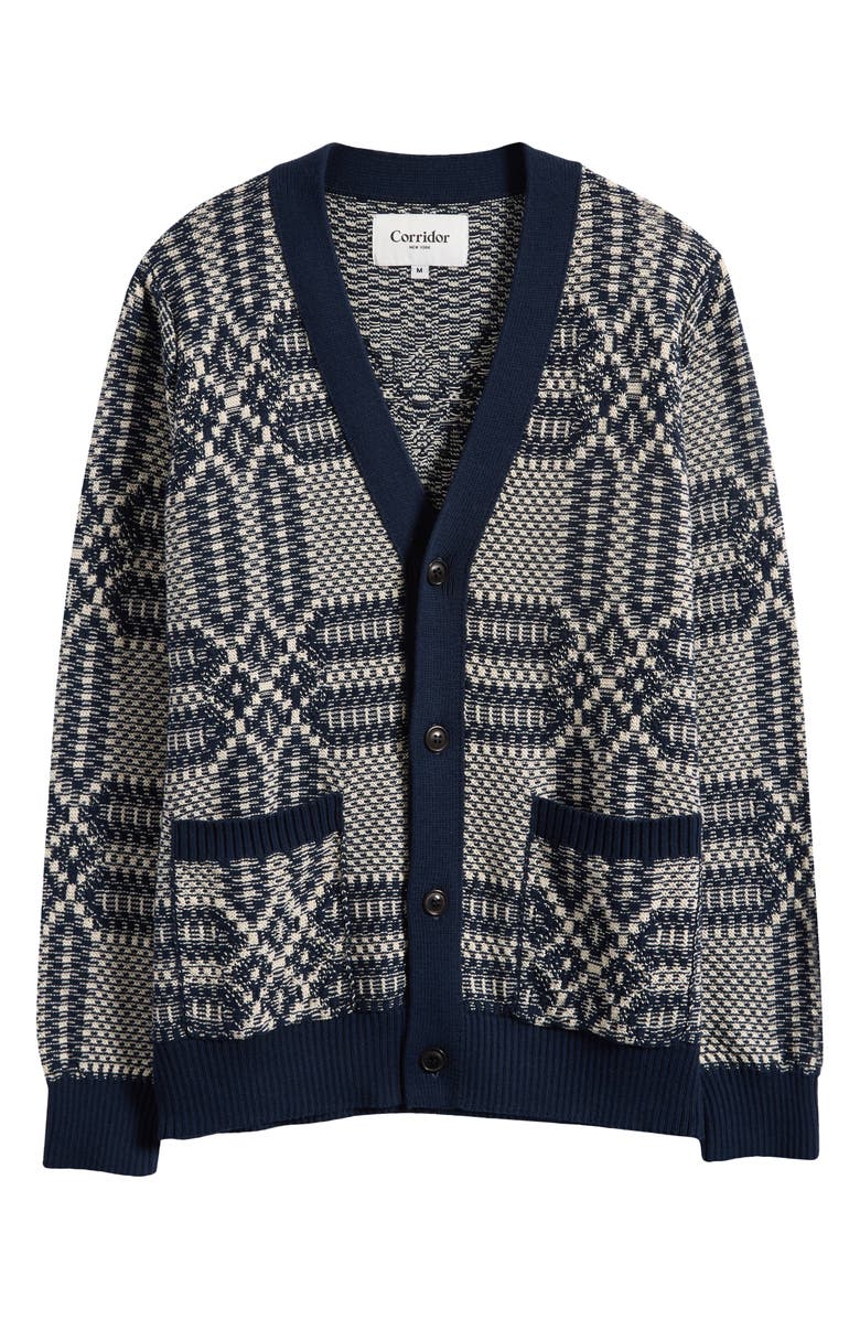 Corridor Overshot Geometric Intarsia Cardigan, Main, color, Mountain Blue