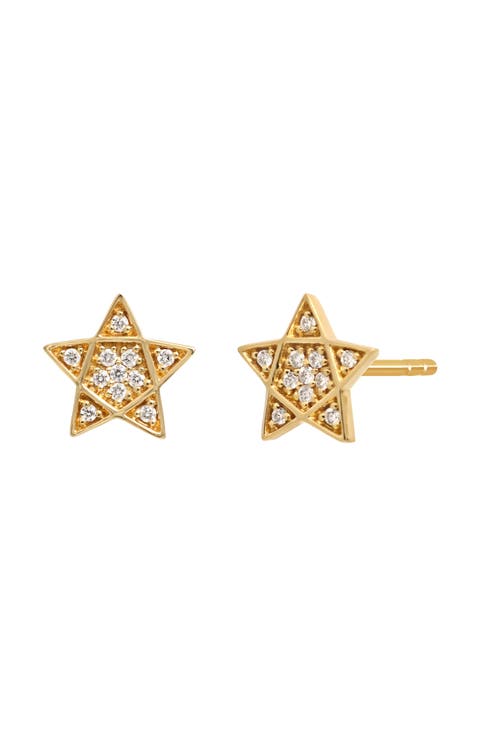 18K Yellow Gold Diamond Star of David Stud Earrings