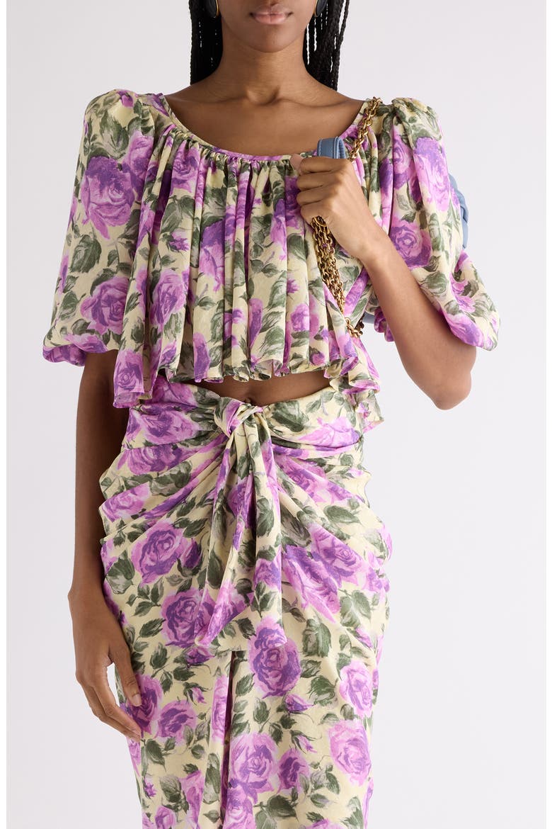 Rose Print Silk Crop Top, Main, color, YELLOW - PURPLE
