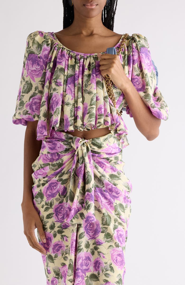 Chloé Rose Print Silk Crop Top, Main, color, Yellow - Purple