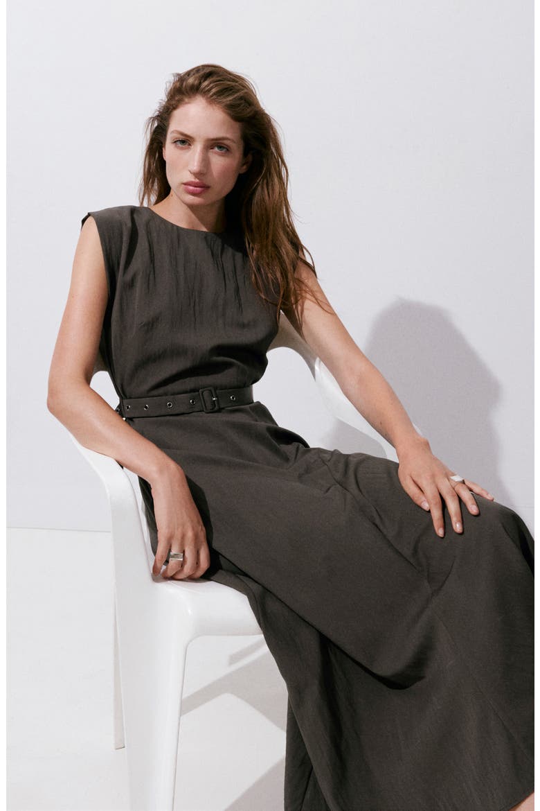 Belted Sleeveless Asymmetric Dress, Alternate, color, BROWN