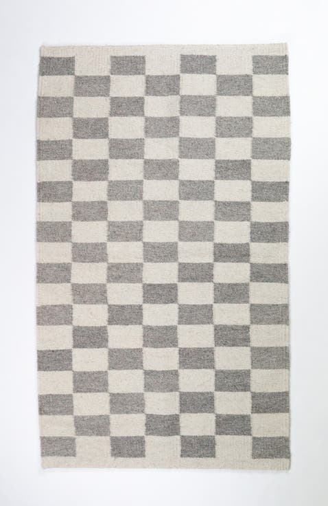 Zapptec Grey Checkered Handwoven Flatweave Wool Rug