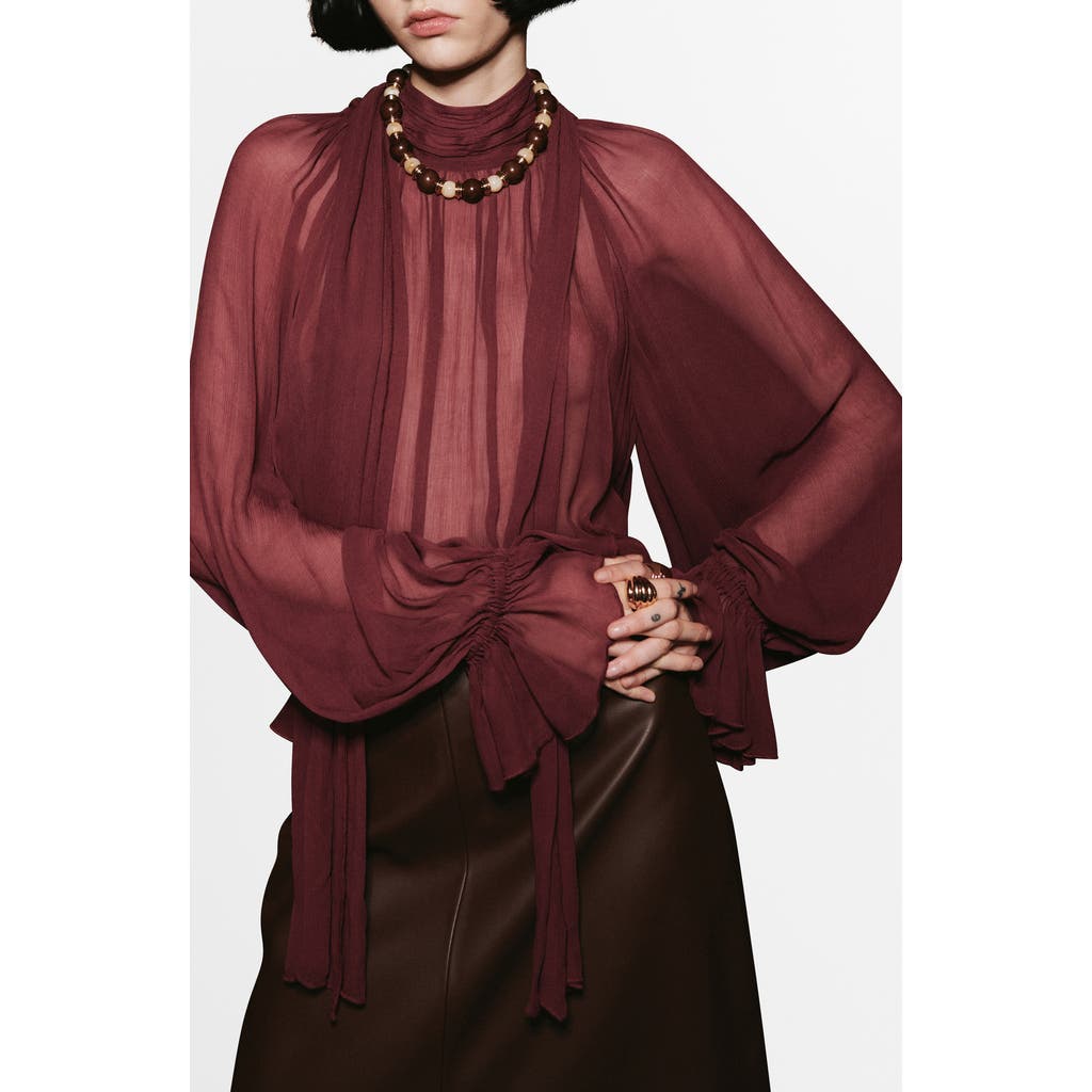 Mango Semisheer Top In Burgundy